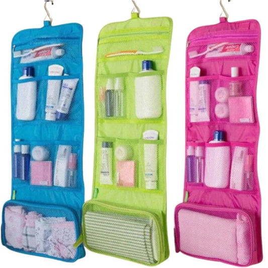 Travel Roll-Up Hanging Cosmetic & Toiletry Organizer Bag | Multi-Compartment Storage | Hook for Hanging | Random Colors - FashionShoqeen.com
