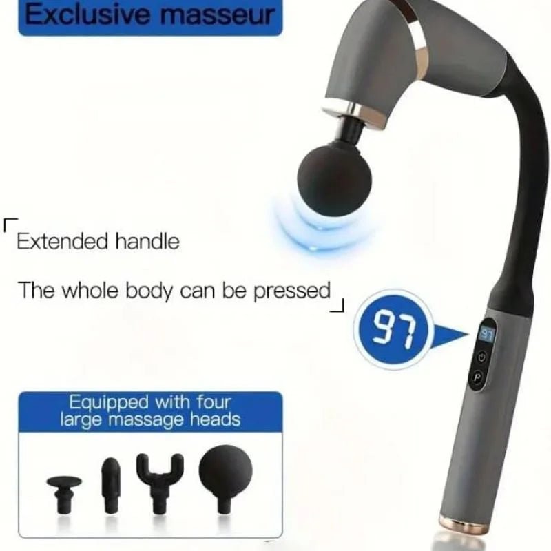Long Handle Fascial Gun Massager | Model: BLD-339 | Rechargeable Massage Gun with 4 Interchangeable Heads | Full Body Muscle Relaxation - FashionShoqeen.com