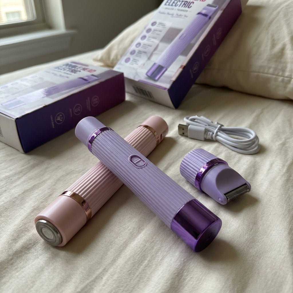 A pink and purple electric shaver and its matching head are displayed on a beige bed sheet, with the product packaging and a white charging cable in the background.