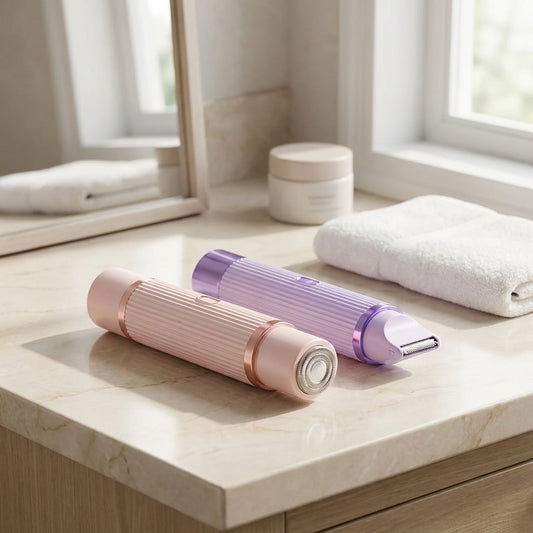 Two handheld beauty devices, one in pastel pink with rose gold trim and the other in lavender purple, resting on a light marble bathroom counter next to a white towel and mirror.