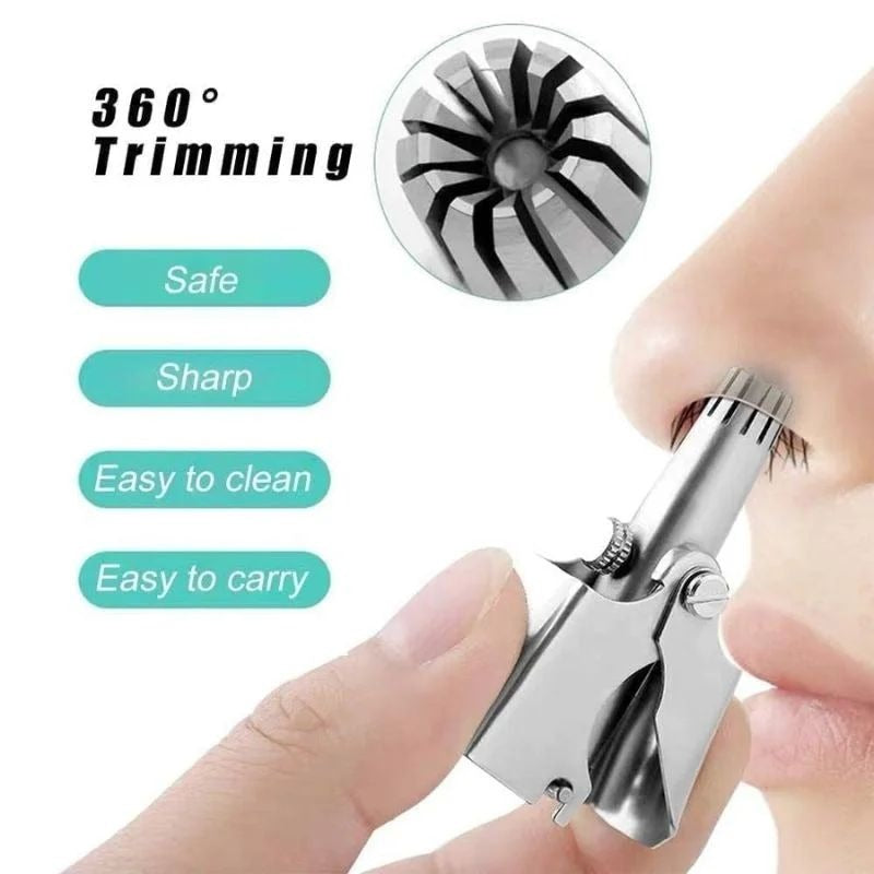 Nose hair trimmer with 360-degree trimming capability, showing usage on a person's nose.