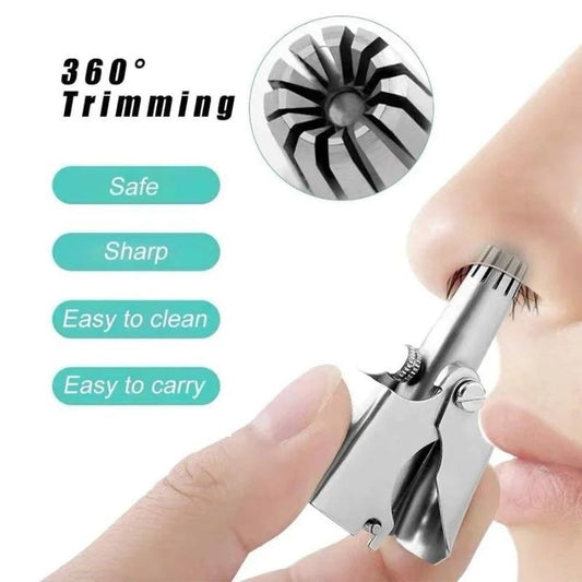 Nose hair trimmer with 360-degree trimming capability, showing usage on a person's nose.