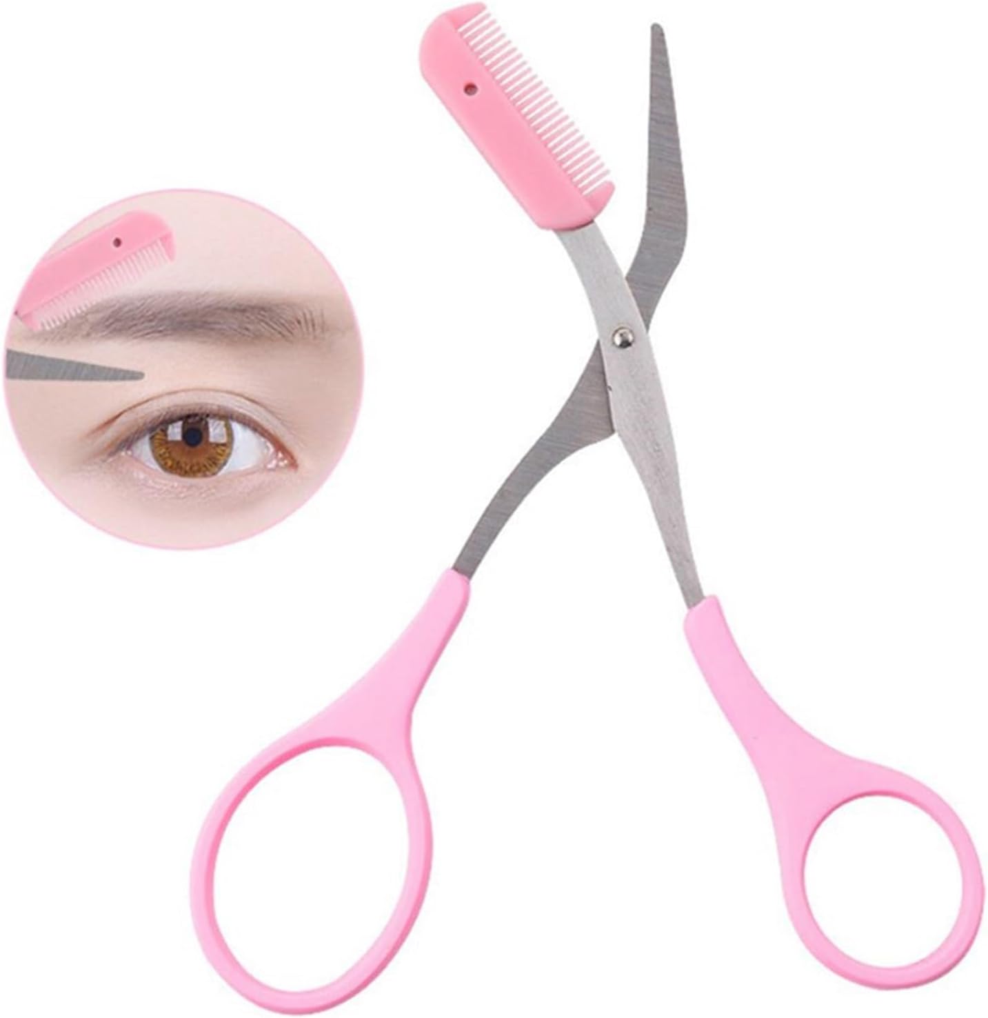 Pink scissors with comb on a white background, inset showing eye with eyebrow grooming.
