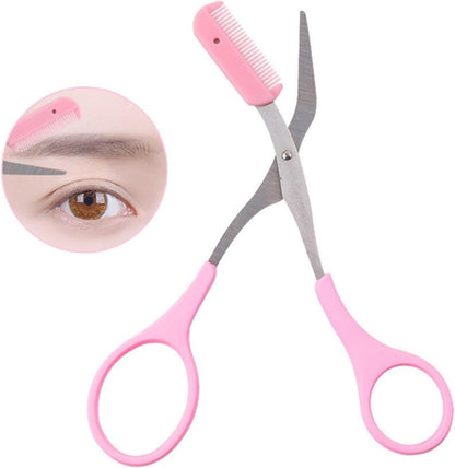 Pink scissors with comb on a white background, inset showing eye with eyebrow grooming.