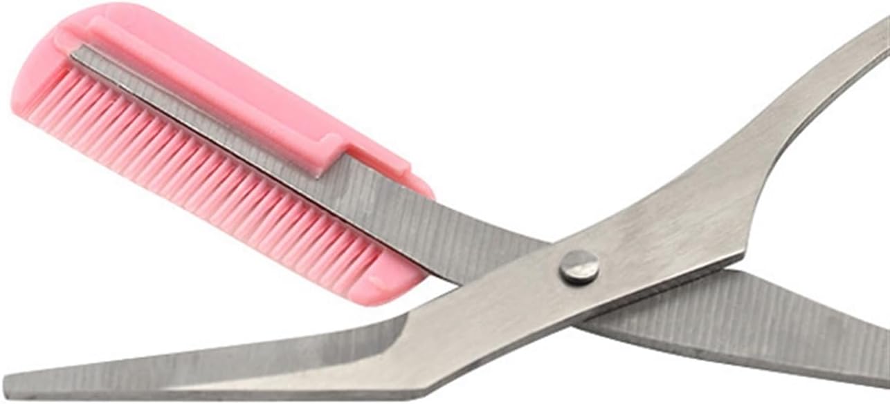 Pair of scissors with a pink comb attachment on a white background