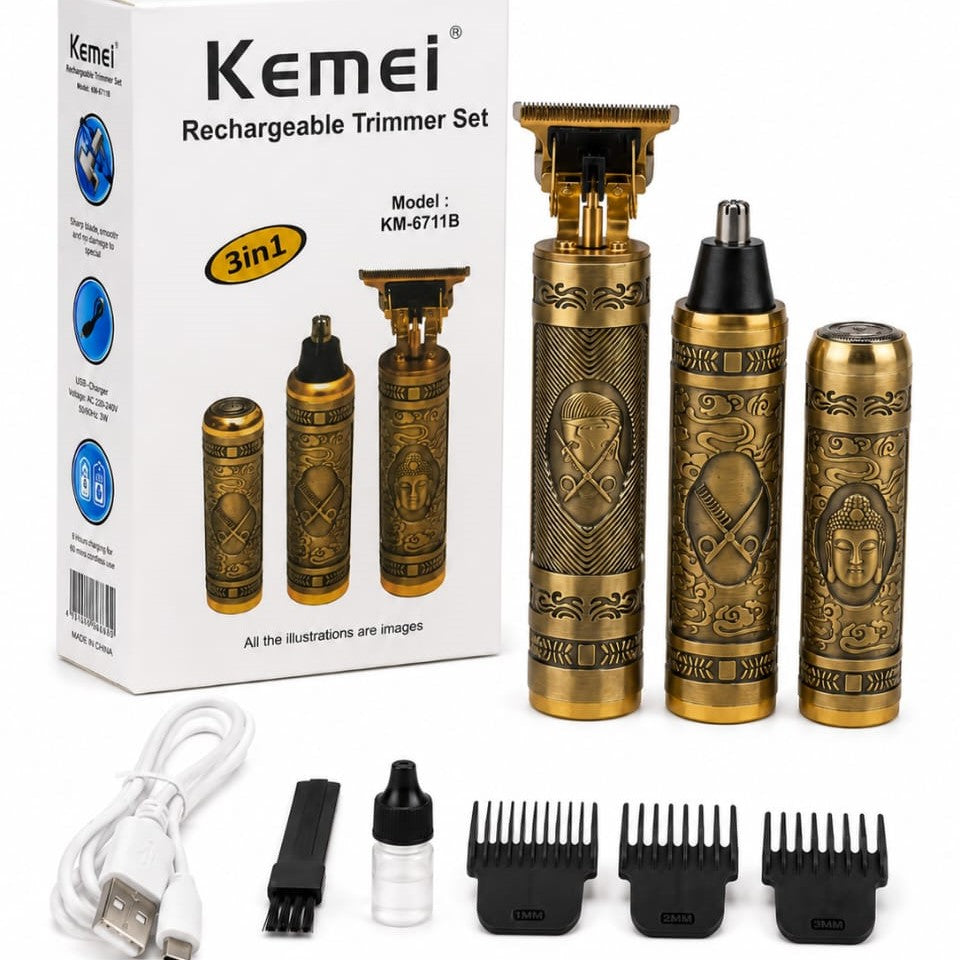 Kemei 3-in-1 rechargeable trimmer set with three gold-patterned electric trimmers, a USB charging cable, a small cleaning bottle, a brush, and four black guide combs, displayed next to its white product box on a white background.
