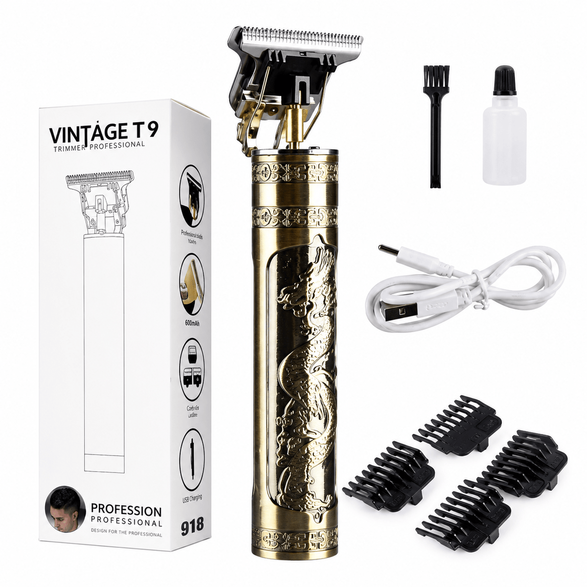 Vintage T9 Professional Hair Trimmer | Cordless T-Blade Beard & Hair Clipper | Gold - FashionShoqeen.com