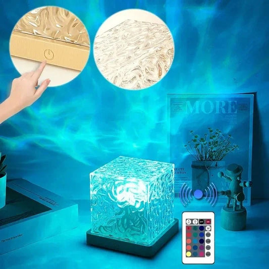 16 Colors Crystal Cube Ambient Light | RGB Water Ripple Lamp Projector with Remote Control | Dynamic Underwater Effect Mood Light for Bedroom, Living Room & Home Decor - FashionShoqeen.com