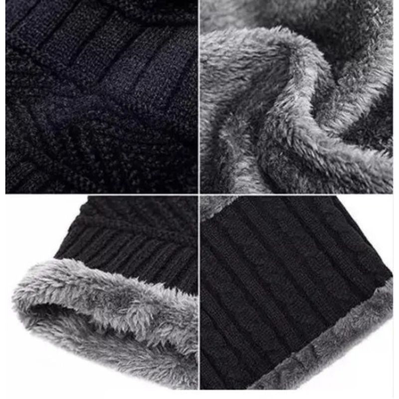 Winter Wool Cap with Neck Warmer Set | Thermal Beanie & Scarf Combo for Men and Women | Black And Gray