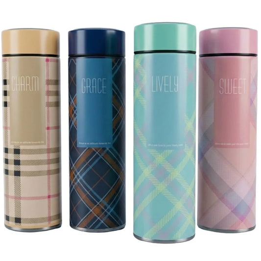 LED Temperature Display Water Bottle | Checkered Design  | Smart Stainless Steel Vacuum 500ml Flask | Random Color