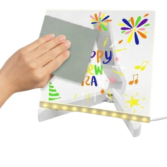 8x8 Inches LED Acrylic Writing Board with USB Light | 7 Colorful Erasable Pens | Message Board with Markers & Stand - FashionShoqeen.com