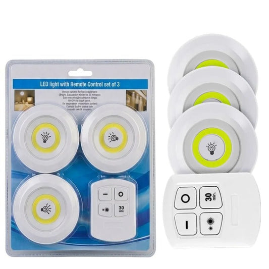 Pack of 3 LED Remote Control Tap Lights | Self-Adhesive Cabinet, Wardrobe & Kitchen Lights - FashionShoqeen.com