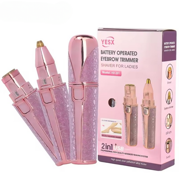 Pink battery-operated eyebrow trimmer with packaging on a white background