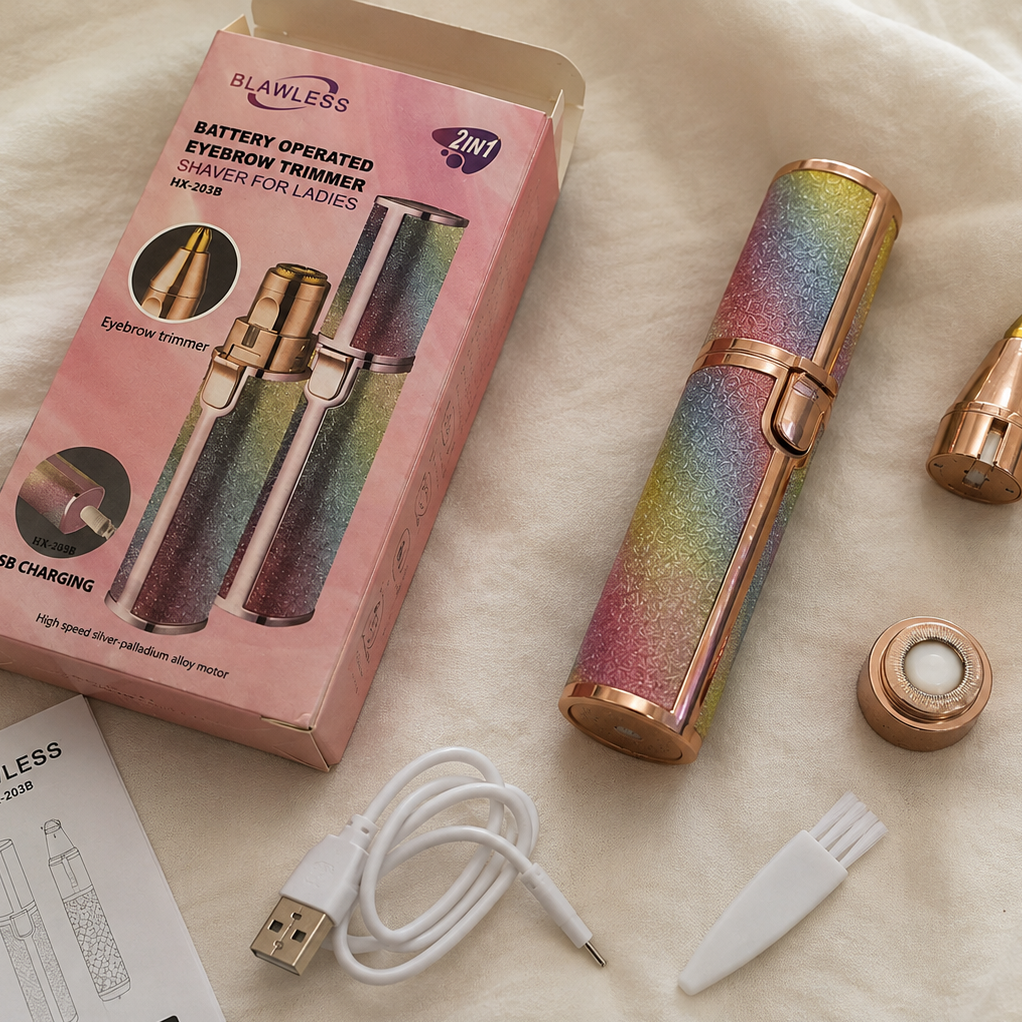 A 3-in-1 battery operated eyebrow pomade dispenser set by Blawless, shown with its pink retail box, the main iridescent rainbow body, rose gold metal applicator tip, cap, USB charging cable, and cleaning brush on a cream fabric background.
