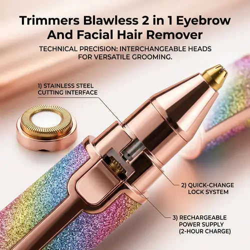 A rose gold eyebrow and facial hair trimmer with a rainbow glitter body, shown with a separate circular stainless steel cutting head and feature callout text on a soft beige background.