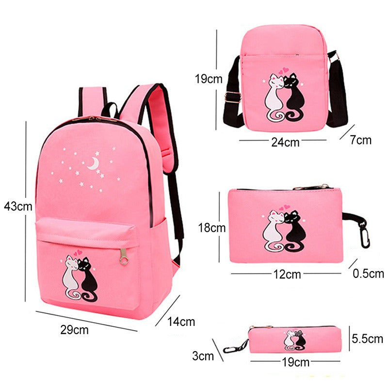Cute Cat Design 4-Piece School Backpack Set for Girls
