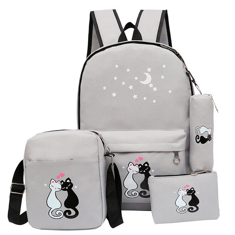 Cute Cat Design 4-Piece School Backpack Set for Girls