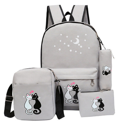 Cute Cat Design 4-Piece School Backpack Set for Girls