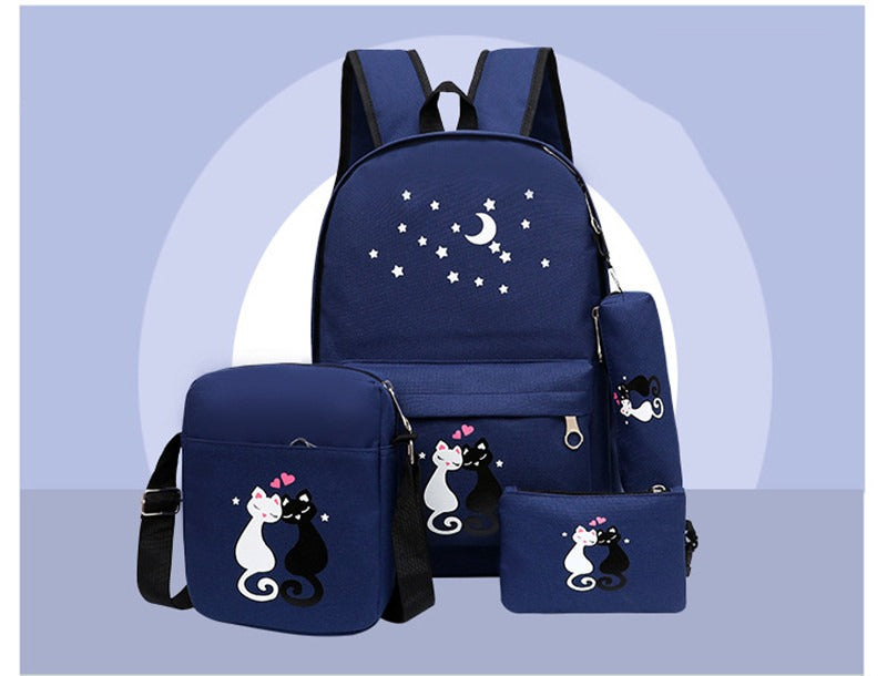Cute Cat Design 4-Piece School Backpack Set for Girls