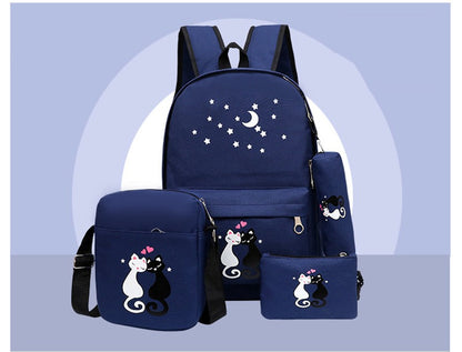 Cute Cat Design 4-Piece School Backpack Set for Girls