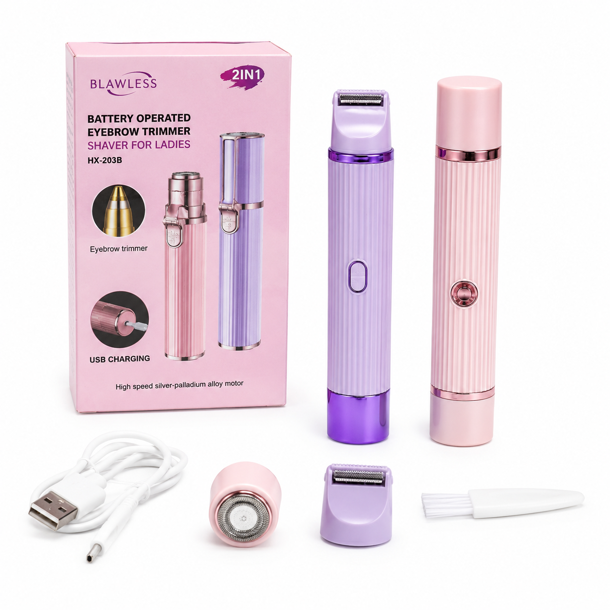 A 2-in-1 battery operated eyebrow trimmer and shaver set by Blawless, shown with its pink retail box, two device bodies (one lavender, one light pink), a USB charging cable, a small cleaning brush, and a razor head, all arranged on a white background.