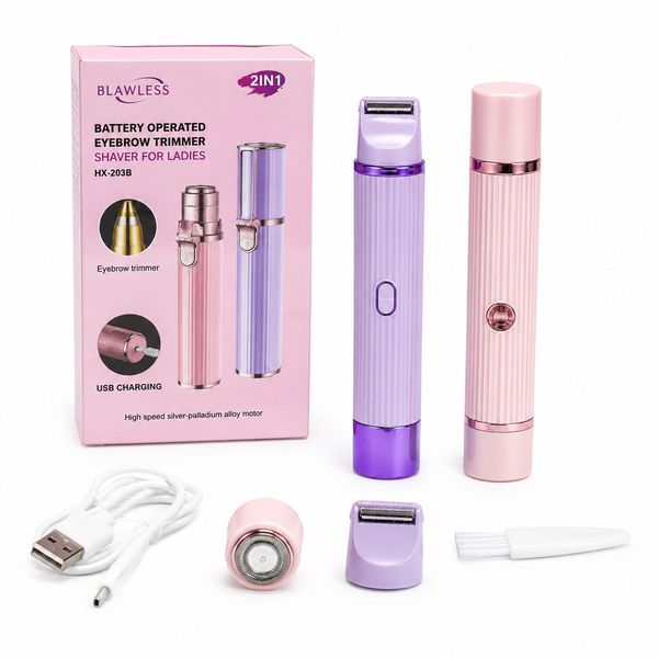 A 2-in-1 battery operated eyebrow trimmer and shaver set by Blawless, shown with its pink retail box, two device bodies (one lavender, one light pink), a USB charging cable, a small cleaning brush, and a razor head, all arranged on a white background.