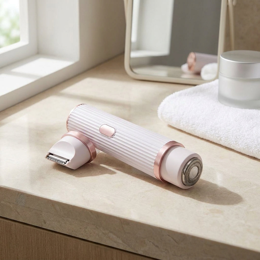 A pink and white electric facial hair remover with rose gold accents, resting on a beige marble bathroom counter next to a white towel and mirror.