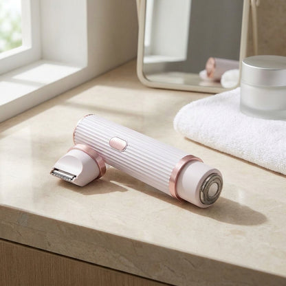 A pink and white electric facial hair remover with rose gold accents, resting on a beige marble bathroom counter next to a white towel and mirror.