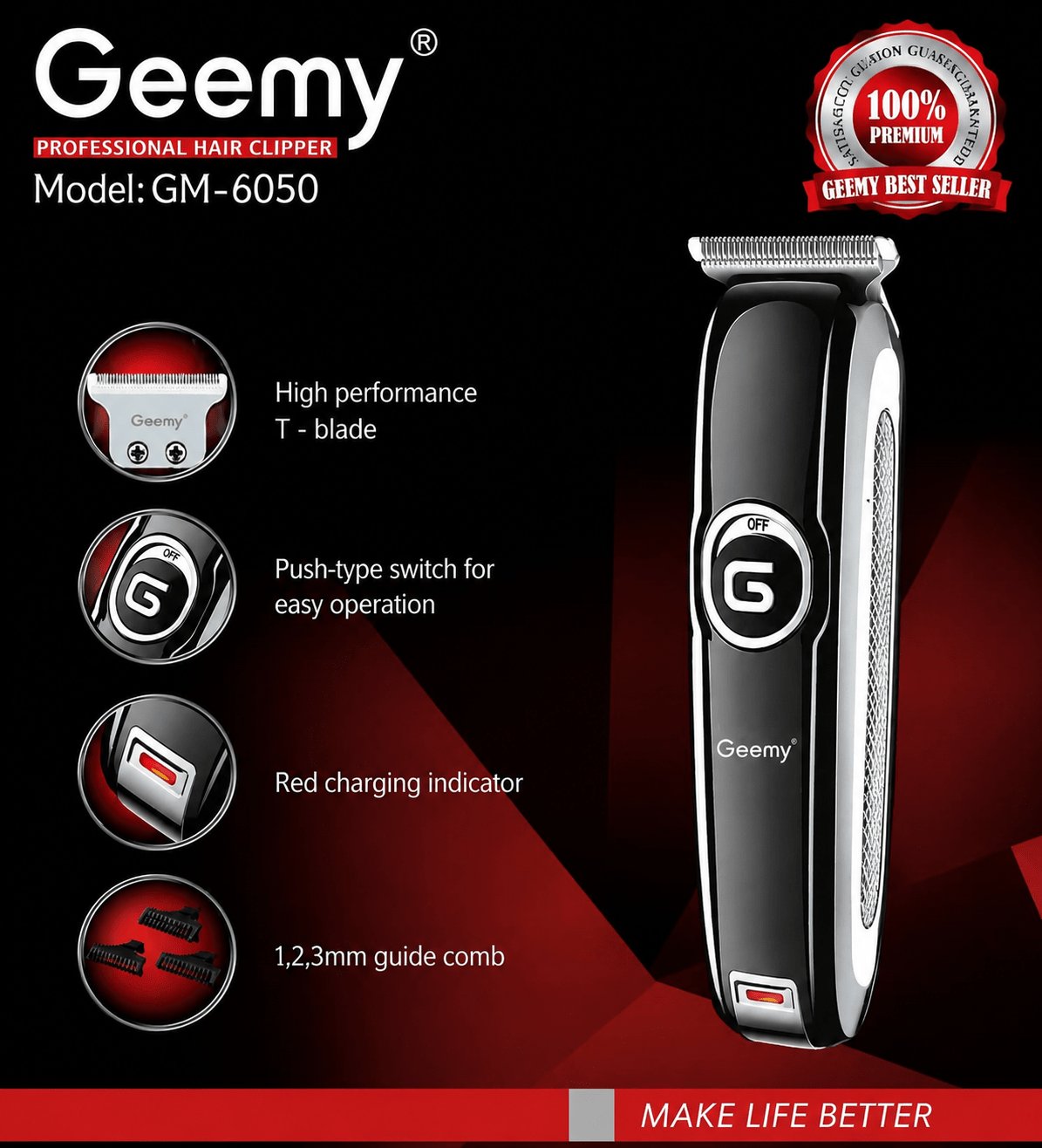 Geemy GM-6050 Professional Hair Clipper & Beard Trimmer with T-Blade - FashionShoqeen.com