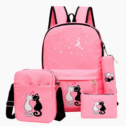 Cute Cat Design 4-Piece School Backpack Set for Girls