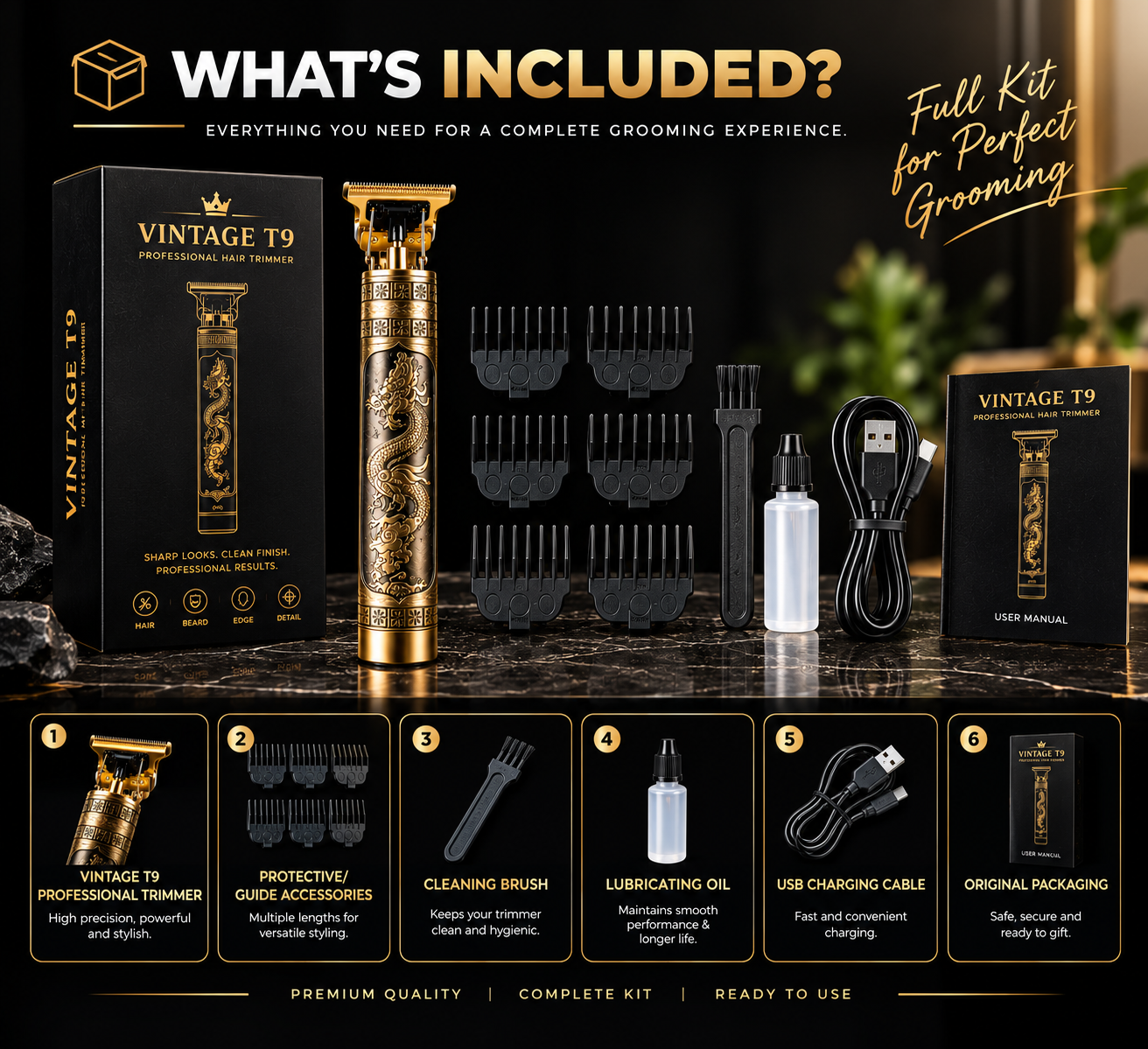 Vintage T9 Professional Hair Trimmer | Cordless T-Blade Beard & Hair Clipper | Gold