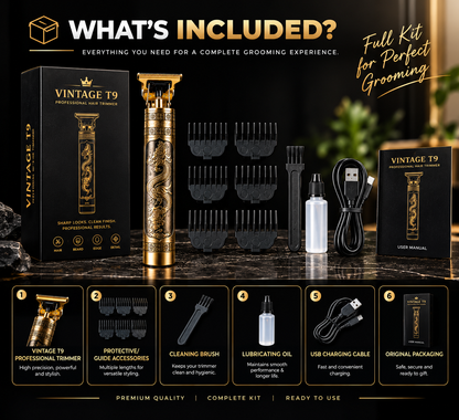 Vintage T9 Professional Hair Trimmer | Cordless T-Blade Beard & Hair Clipper | Gold
