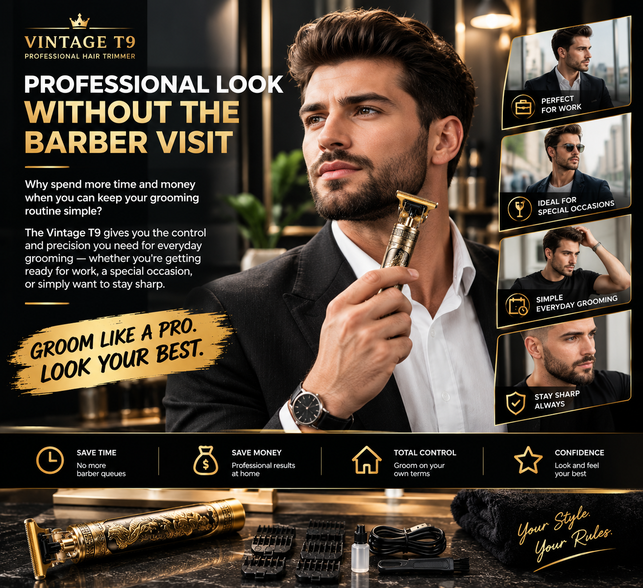 Vintage T9 Professional Hair Trimmer | Cordless T-Blade Beard & Hair Clipper | Gold