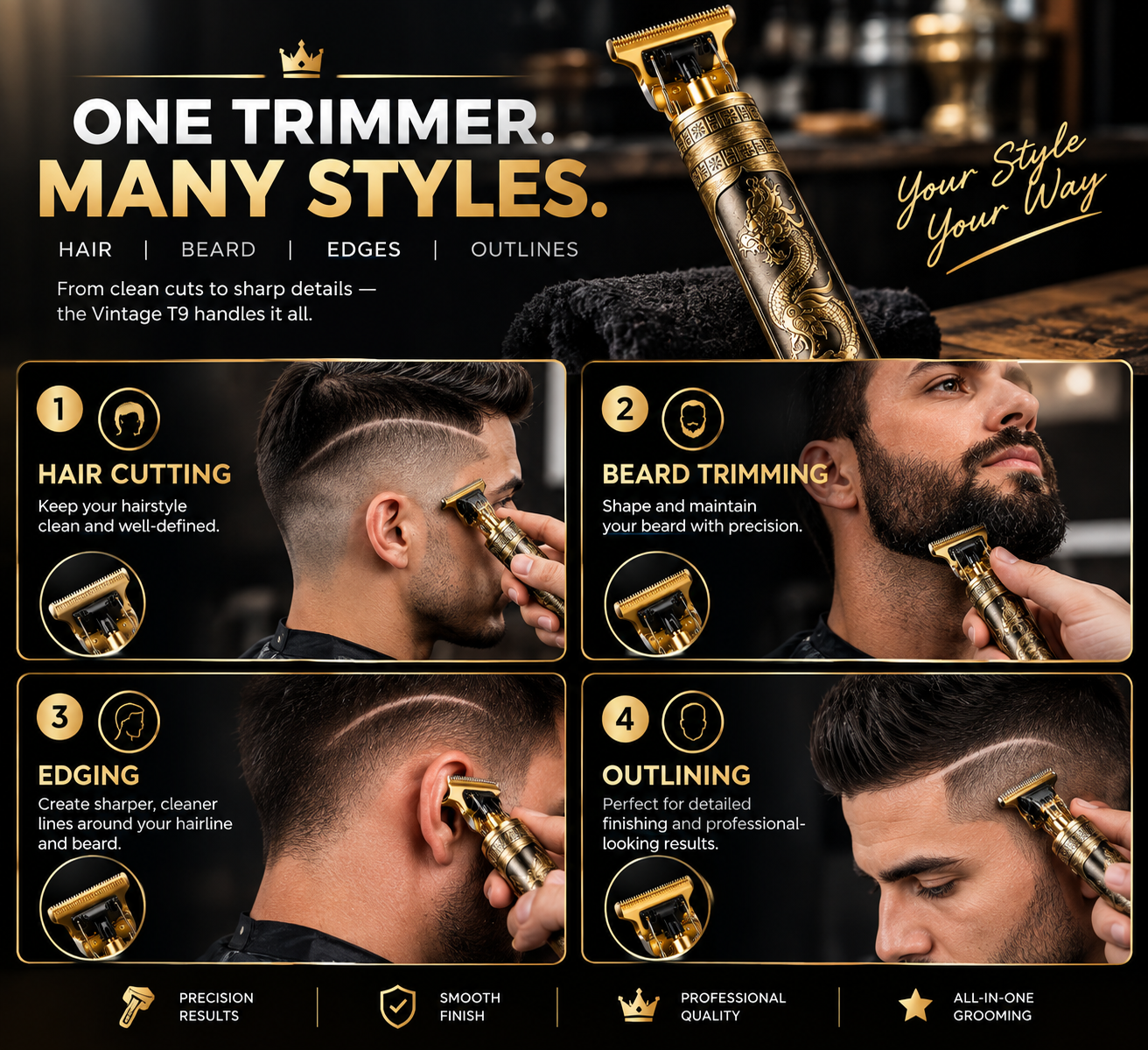 Vintage T9 Professional Hair Trimmer | Cordless T-Blade Beard & Hair Clipper | Gold