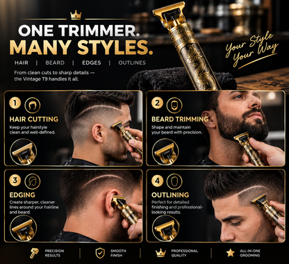 Vintage T9 Professional Hair Trimmer | Cordless T-Blade Beard & Hair Clipper | Gold