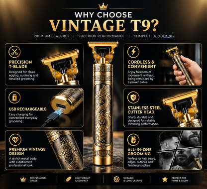 Vintage T9 Professional Hair Trimmer | Cordless T-Blade Beard & Hair Clipper | Gold
