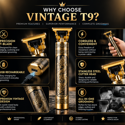 Promotional infographic for a vintage-style electric beard trimmer, featuring multiple panels with text callouts such as 'Precision T-Blade,' 'Cordless & Convenient,' 'USB Rechargeable,' 'Stainless Steel Cutter Head,' and 'Premium Vintage Design.' A hand is shown holding the device in one panel.