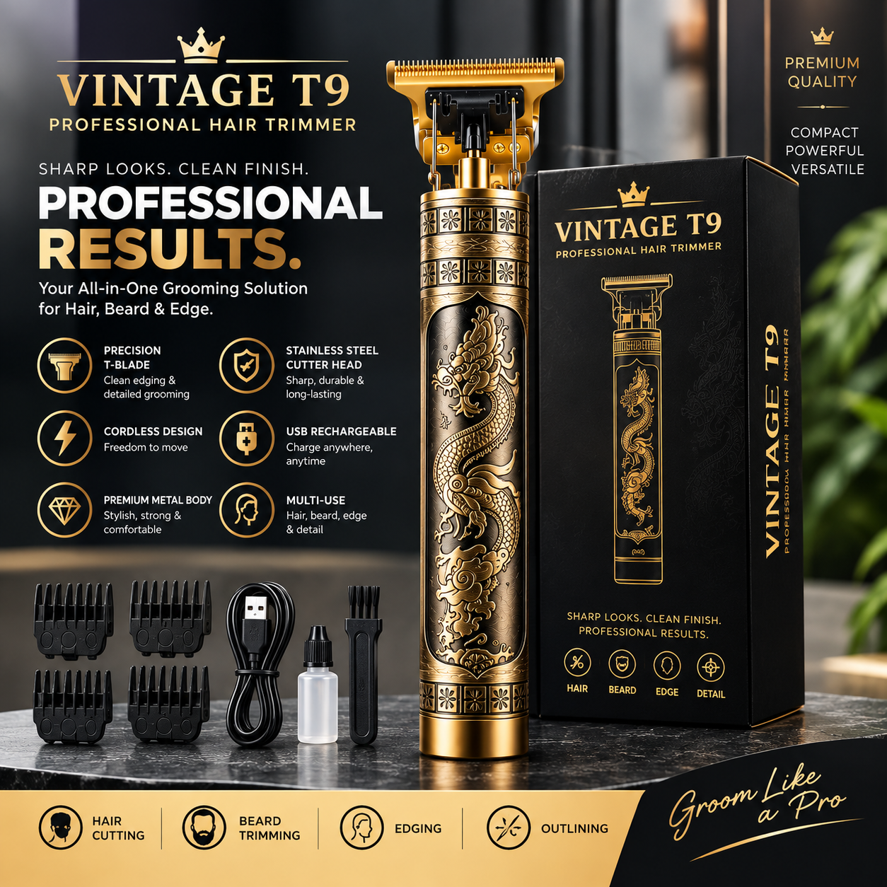 Vintage T9 Professional Hair Trimmer | Cordless T-Blade Beard & Hair Clipper | Gold