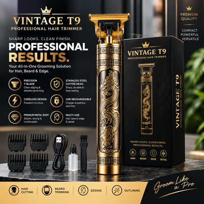 Vintage T9 Professional Hair Trimmer | Cordless T-Blade Beard & Hair Clipper | Gold