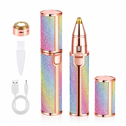 A handheld eyebrow grooming kit with a glittery iridescent pink, purple, and blue body and rose gold metal accents, shown with the main trimmer, a small brush, a USB charging cable, and a separate cap on a white background.