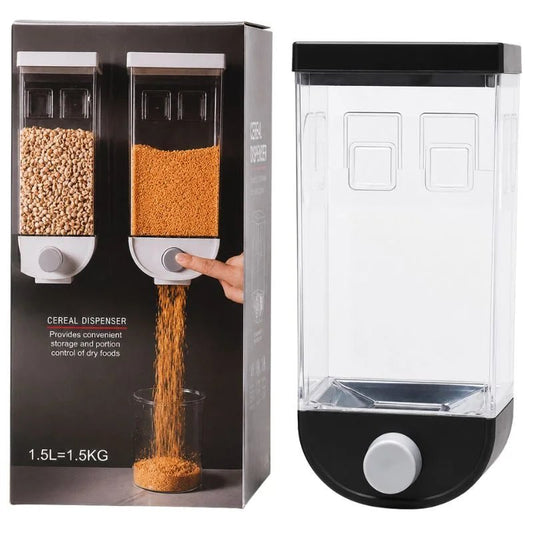 Wall Mounted Cereal Dispenser | 1.5L Transparent Grain Storage Container | One-Touch Cereal & Rice Dispenser | Space Saving Kitchen Organizer - FashionShoqeen.com