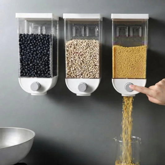 Wall Mounted Cereal Dispenser | 1.5L Transparent Grain Storage Container | One-Touch Cereal & Rice Dispenser | Space Saving Kitchen Organizer - FashionShoqeen.com