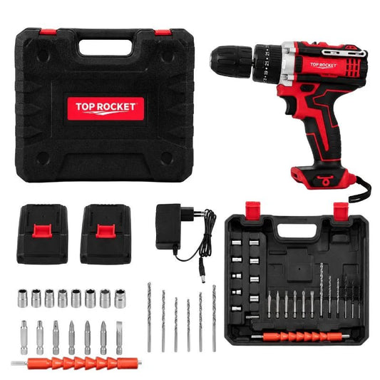TOP ROCKET Cordless Rechargeable Drill Machine Kit | 48V Double Batteries | 3-in-1 Drill, Screwdriver & Impact Driver | Variable Speed Power Tool Set with Carry Case - FashionShoqeen.com