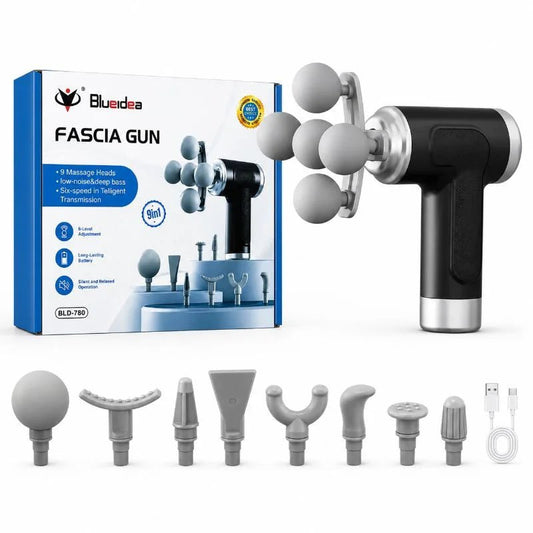 Five Head Massage Gun | Rechargeable Deep Tissue Muscle Massager | 9 Massage Heads | 6 Speed Levels | Model BLD-780 | Random color - FashionShoqeen.com