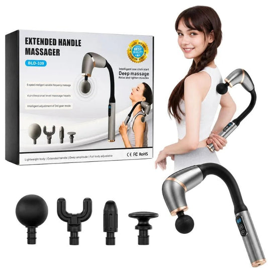 Long Handle Fascial Gun Massager | Model: BLD-339 | Rechargeable Massage Gun with 4 Interchangeable Heads | Full Body Muscle Relaxation - FashionShoqeen.com
