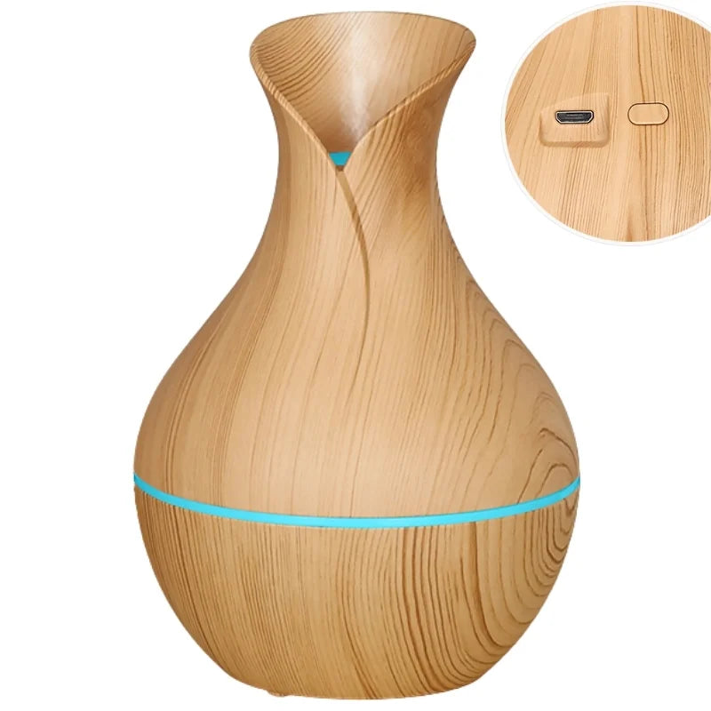 Vase-Shaped LED Humidifier | Model  JSQ07 | USB Wood Grain Ultrasonic Cold Mist Humidifier | Aromatherapy Air Freshener | 200 ml