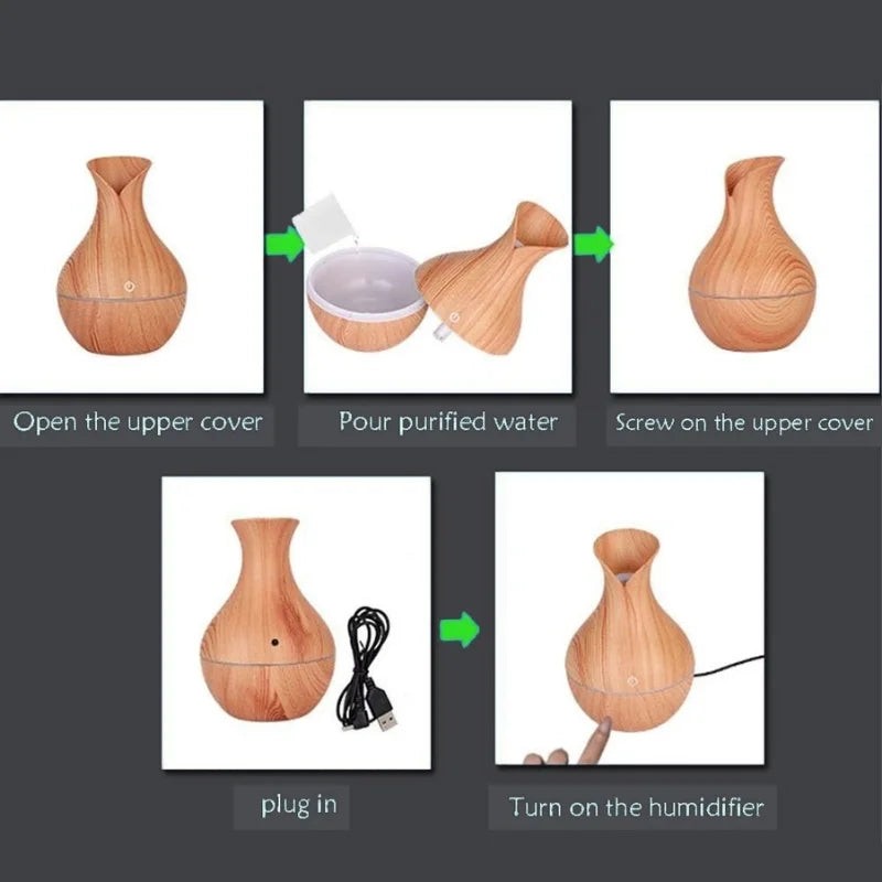 Vase-Shaped LED Humidifier | Model  JSQ07 | USB Wood Grain Ultrasonic Cold Mist Humidifier | Aromatherapy Air Freshener | 200 ml
