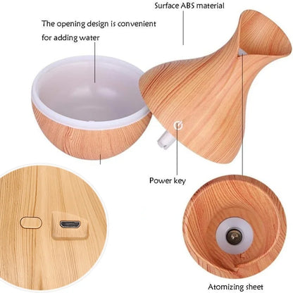Vase-Shaped LED Humidifier | Model  JSQ07 | USB Wood Grain Ultrasonic Cold Mist Humidifier | Aromatherapy Air Freshener | 200 ml